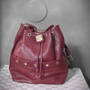 MCM Burgundy Leather Bucket Backpack